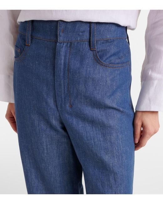 Max Mara Blue Dante Cotton And Linen Twill Wide-Leg Pants