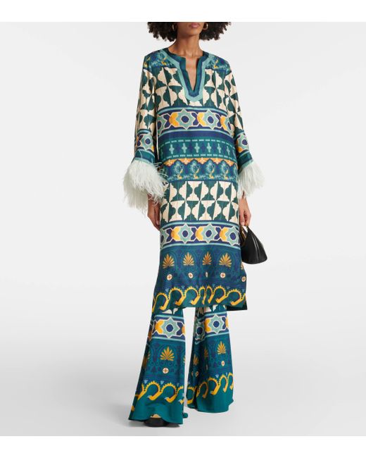 LaDoubleJ Blue Va-va Feather-trimmed Silk Midi Dress