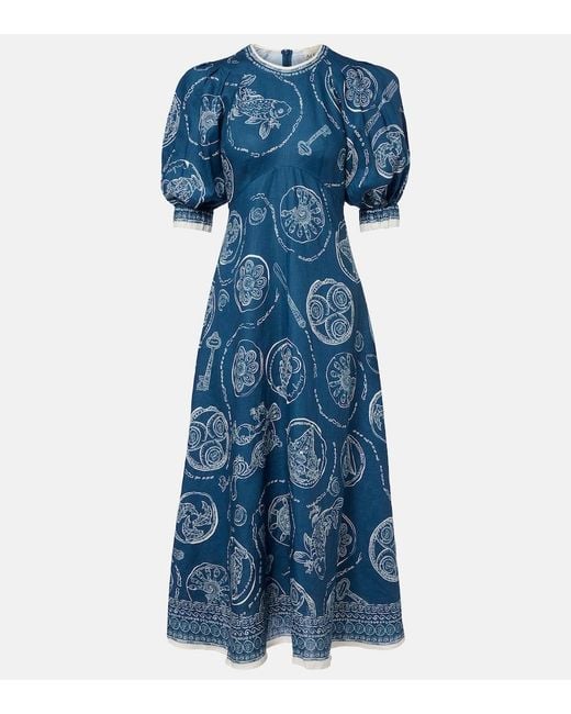 ALÉMAIS Blue Lucky Printed Linen Midi Dress