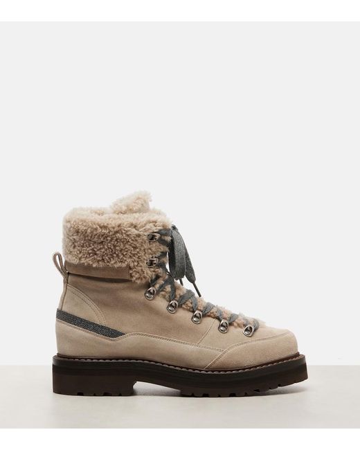 Brunello Cucinelli Gray Shearling-Trimmed Suede Lace-Up Boots