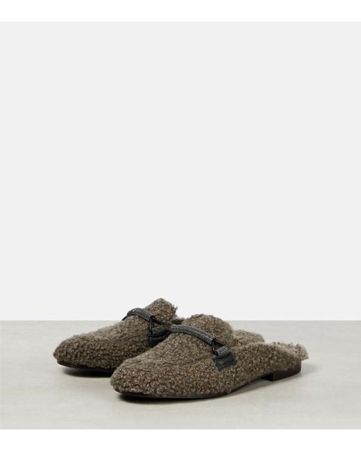 Brunello Cucinelli Brown Embellished Shearling Slippers