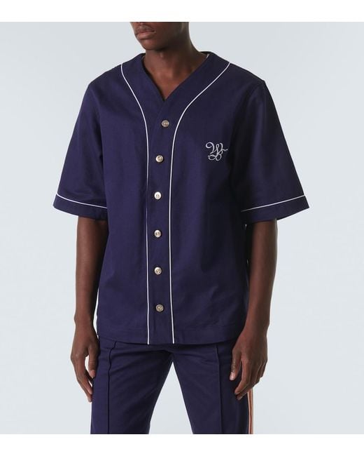 Wales Bonner Blue Logo-Embroidered Cotton-Drill Baseball Shirt for men