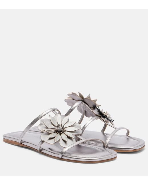 Zimmermann White Floral-Applique Metallic Leather Sandals