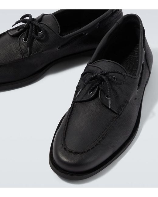 John Lobb Black Foil Leather Boat Shoes for men