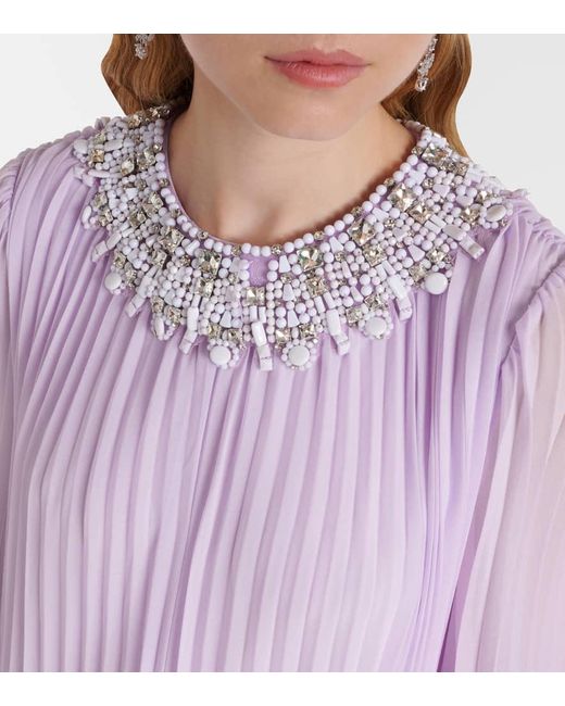 Self-Portrait Purple Feather-Trimmed Plisse Chiffon Midi Dress