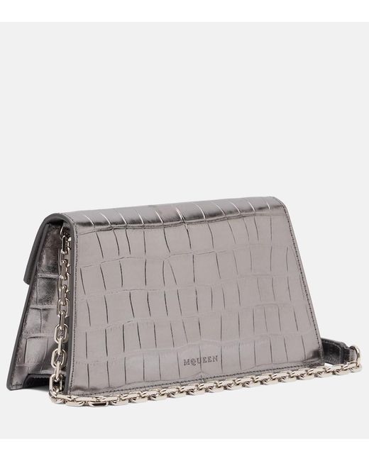 McQueen Gray Skull Mini Croc-Effect Leather Clutch