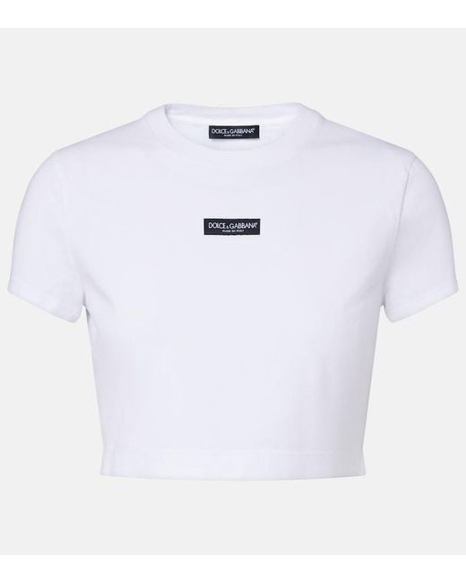 Dolce & Gabbana White Logo Cropped Cotton-Blend Jersey T-Shirt