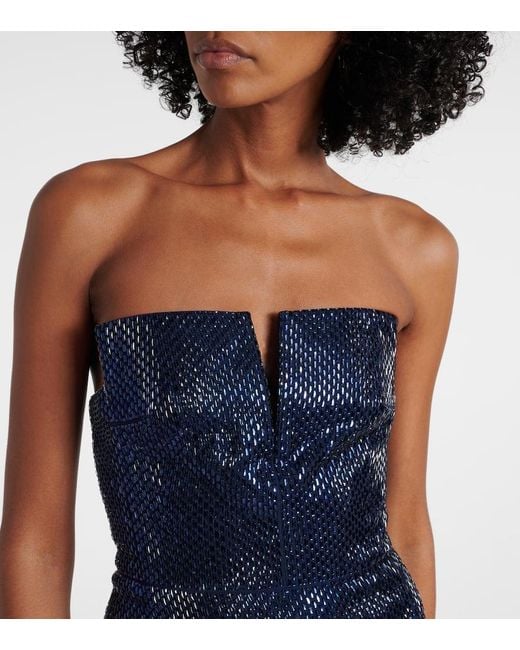 Roland Mouret Blue Embellished Strapless Crepe Gown