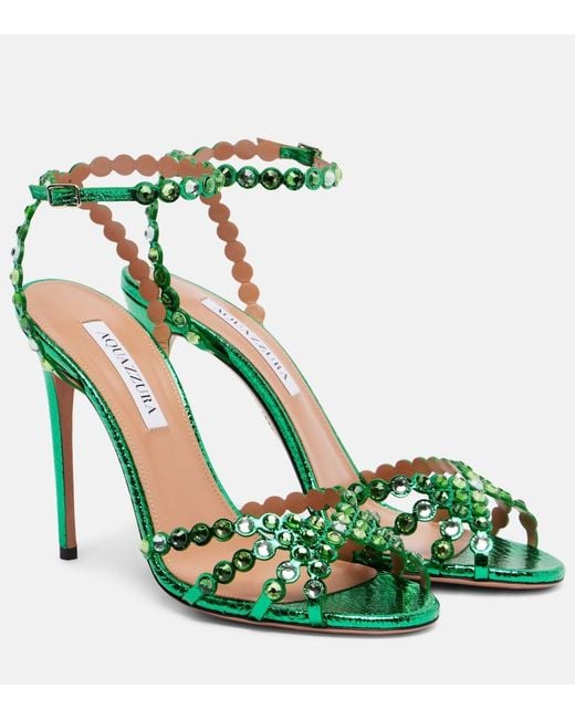 Aquazzura Green Tequila 105 Embellished Leather Sandals