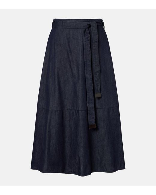Max Mara Blue Belted Denim Midi Skirt
