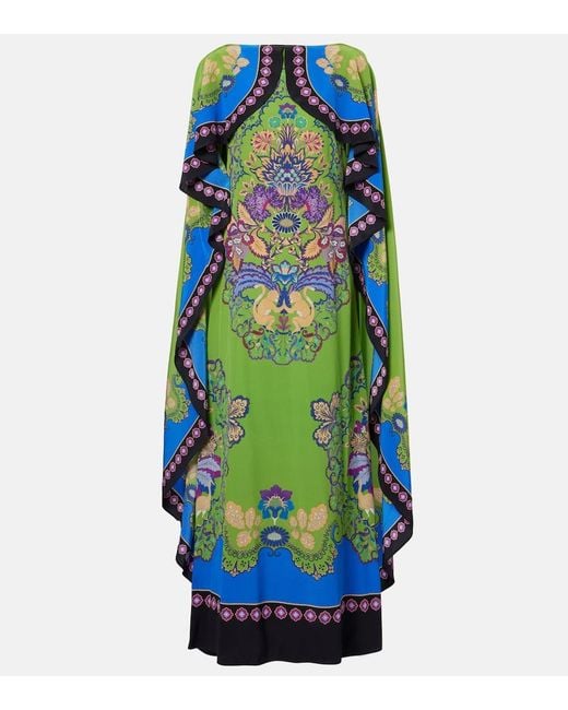 LaDoubleJ Blue Magic Printed Caped Silk Maxi Dress