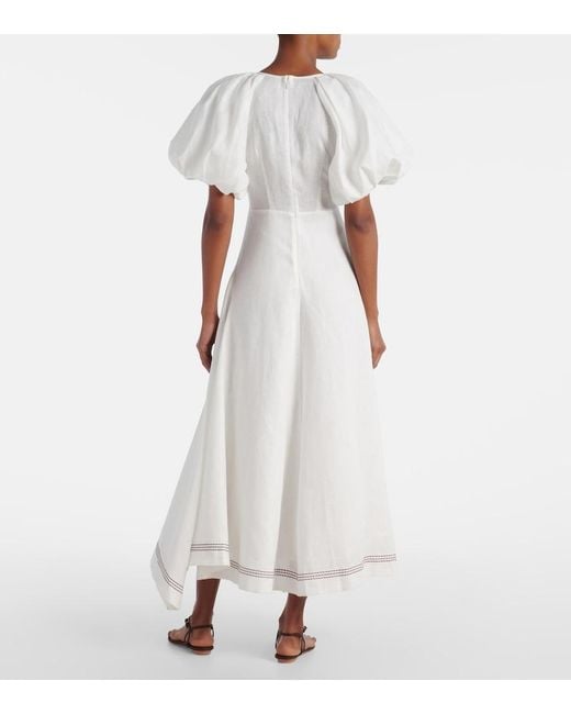 ALÉMAIS White Magnolia Embroidered Linen Midi Dress