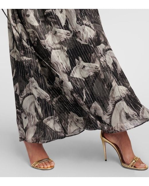 Gucci Gray Embellished Printed Drawstring Metallic Crepe Maxi Dress