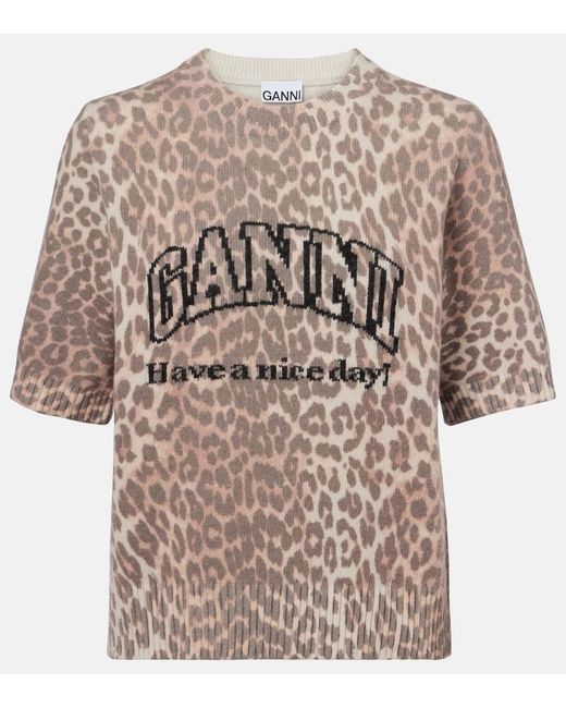 Ganni Brown Logo Leopard-Print Wool-Blend Top