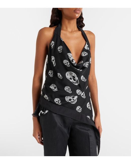 McQueen Black Skull Asymmetric Halterneck Chiffon Top