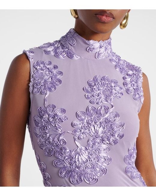 ROTATE BIRGER CHRISTENSEN Purple Floral Embroidered Mesh Maxi Dress