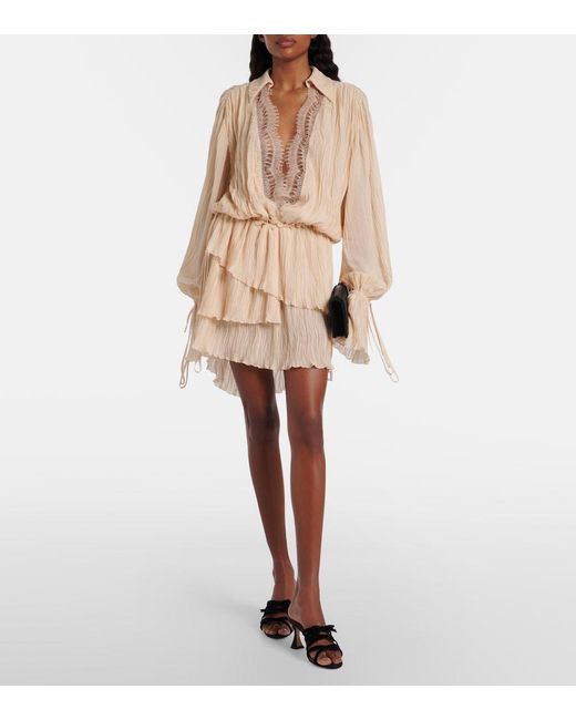 Blumarine Natural Lace-Trimmed Plisse Georgette Minidress
