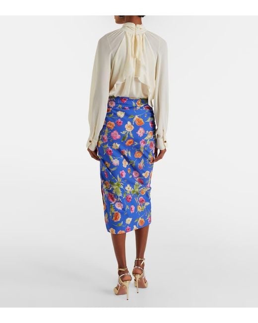 Carolina Herrera Blue Floral Ruched Cotton-Blend Midi Skirt