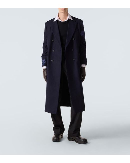 Dries Van Noten Blue Floral Double-Breasted Wool Coat for men