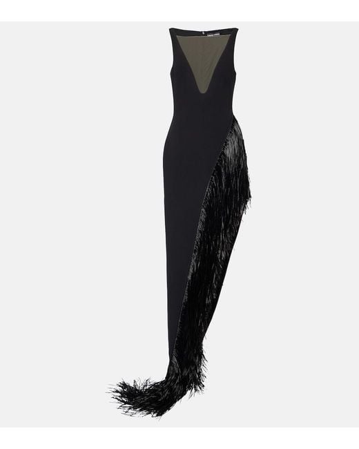 David Koma Black Fringed Asymmetric Cady Gown
