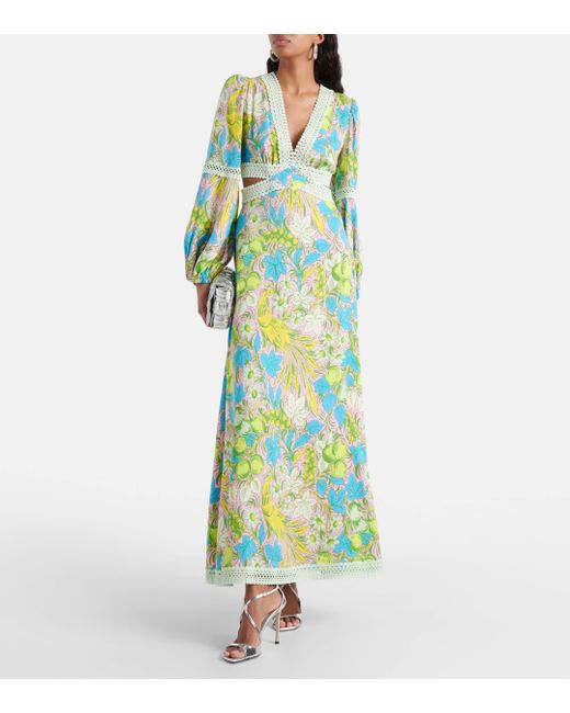 Diane von Furstenberg Green Lina Printed Cutout Maxi Dress