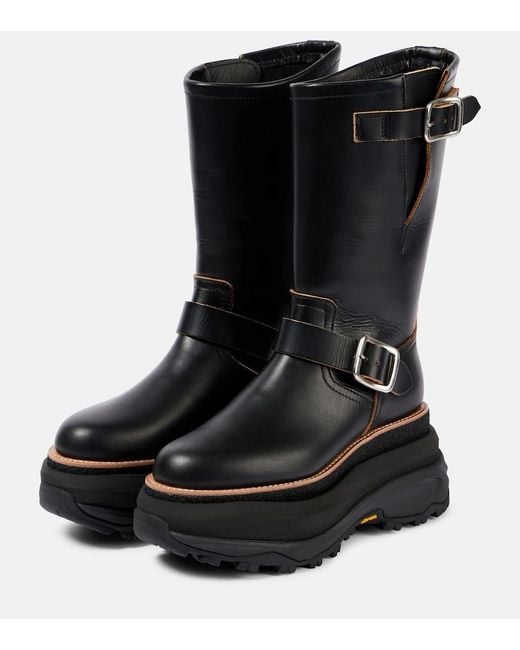 Sacai Black Leather Platform Biker Boots