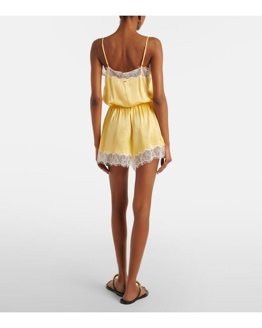 Poupette Yellow Silvia Lace-Trimmed Satin Romper