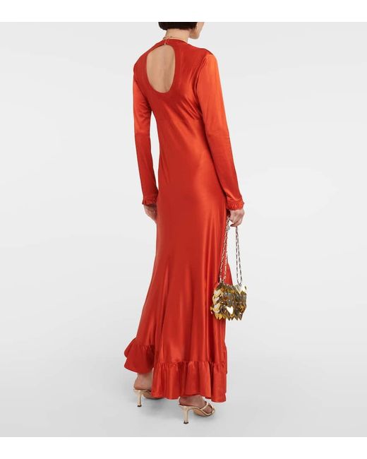 Rabanne Red Ruffled Satin Maxi Dress