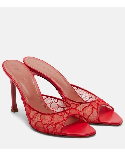 AMINA MUADDI Red Alexa Leather-Trimmed Lace Mules