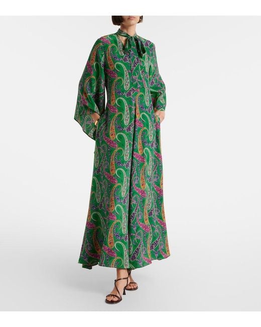 Etro Green Paisley Tie-Neck Silk Maxi Dress