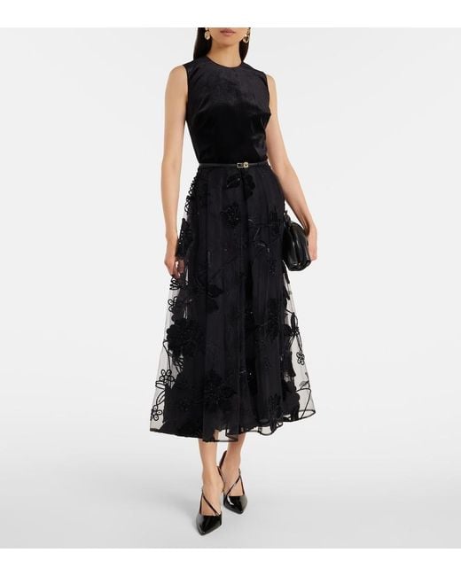 Elie Saab Black Embroidered Tulle And Velvet Midi Dress