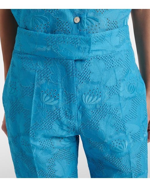 Valentino Blue Broderie Anglaise Scalloped Cotton Straight Pants