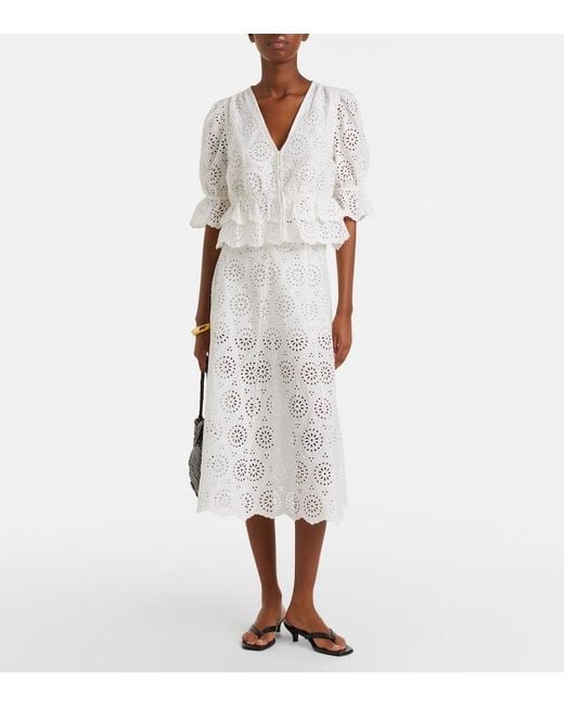 FRAME White The Deco Broderie Anglaise Cotton Midi Skirt