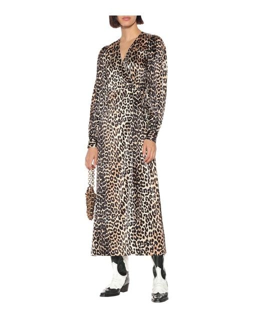 Ganni Multicolor Leopard-print Ruched Stretch-silk Midi Dress