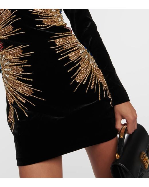 Balmain Black Embellished Velvet Minidress