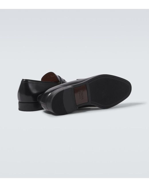 Zegna Black Leather Penny Loafers for men