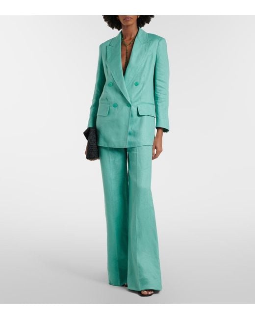 Max Mara Green Deserto Herringbone Linen Wide-Leg Pants