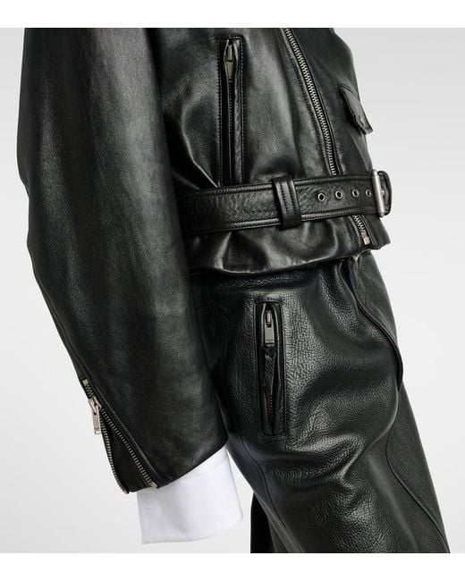 Saint Laurent Black Cropped Leather Biker Jacket
