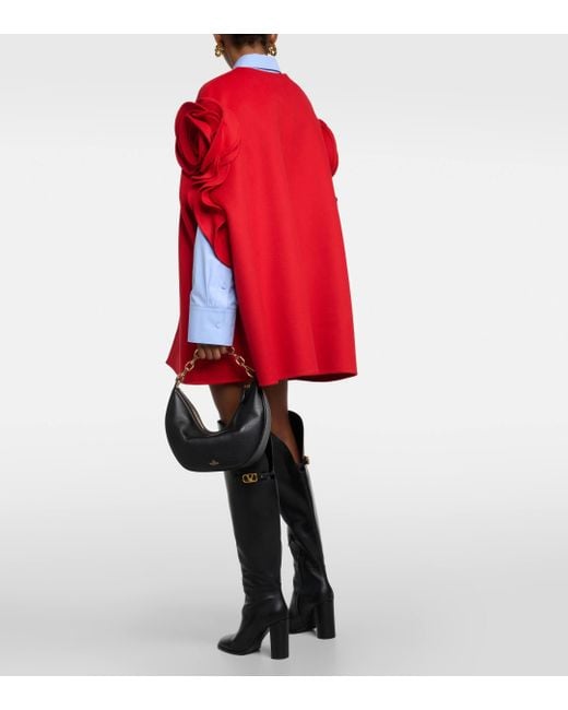 Valentino Red Floral-applique Wool And Cashmere Cape