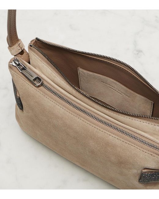 Brunello Cucinelli Brown Essence Monili Small Suede Shoulder Bag