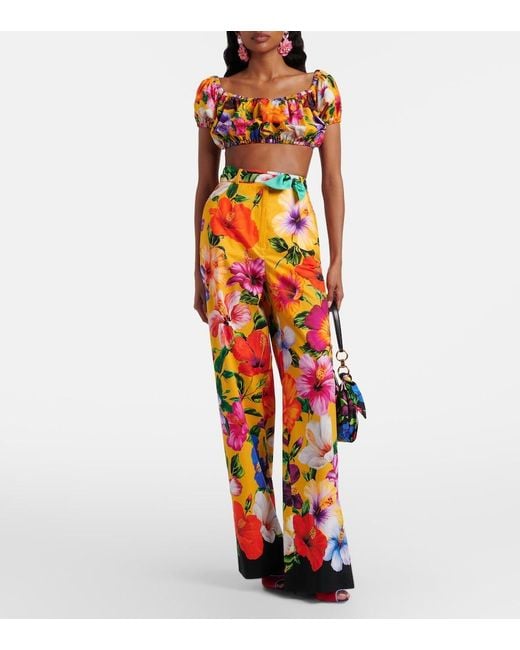 Dolce & Gabbana Orange Floral Cotton Wide-Leg Pants
