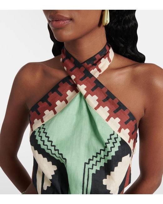 Johanna Ortiz Green Printed Halterneck Linen Minidress