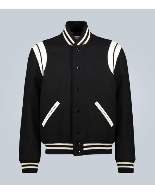 Saint Laurent Silk Teddy Varsity Jacket in Black for Men - Lyst