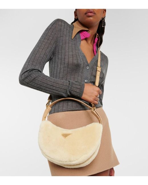 Prada White Arque Mini Shearling Shoulder Bag