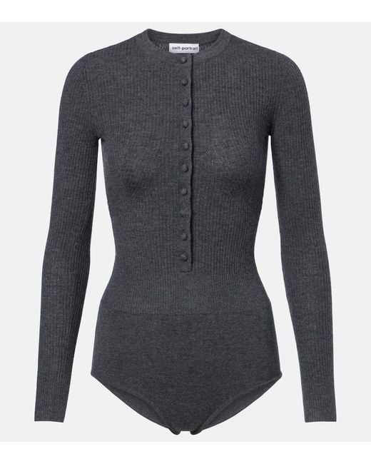 Self-Portrait Blue Ribbed-Knit Wool Bodysuit