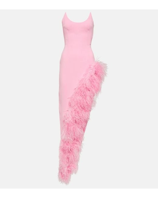 David Koma Pink Feather-trimmed Asymmetric Gown