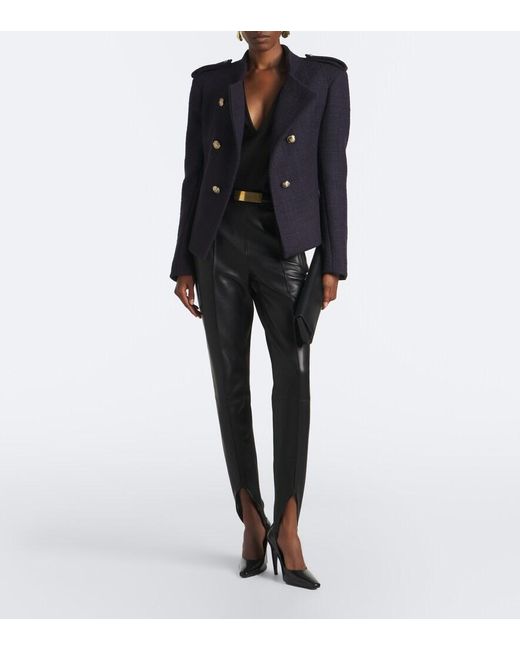 Balmain Blue Double-Breasted Wool-Blend Tweed Jacket