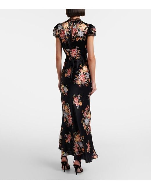 Rodarte Black Floral Lace-Trimmed Silk Midi Dress