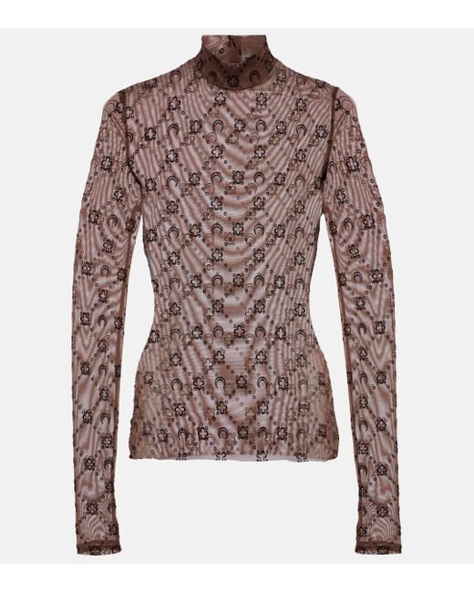 MARINE SERRE Brown Moonogram Mesh Turtleneck Top