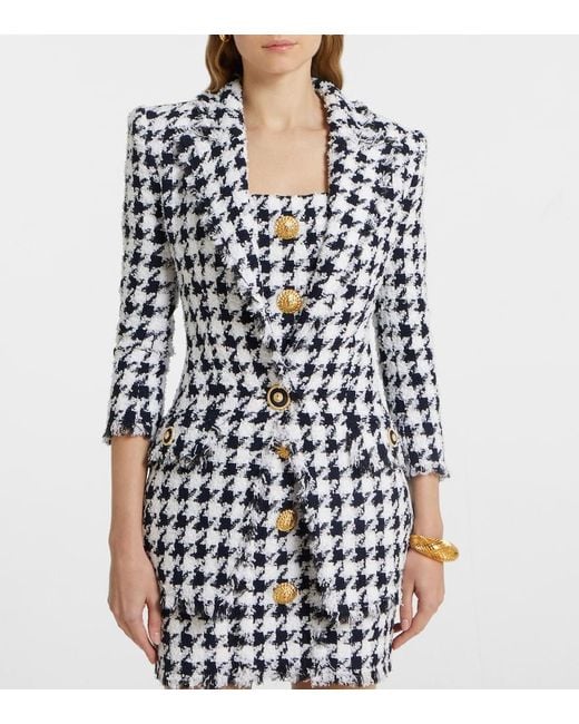 Balmain Blue Houndstooth Tweed Blazer